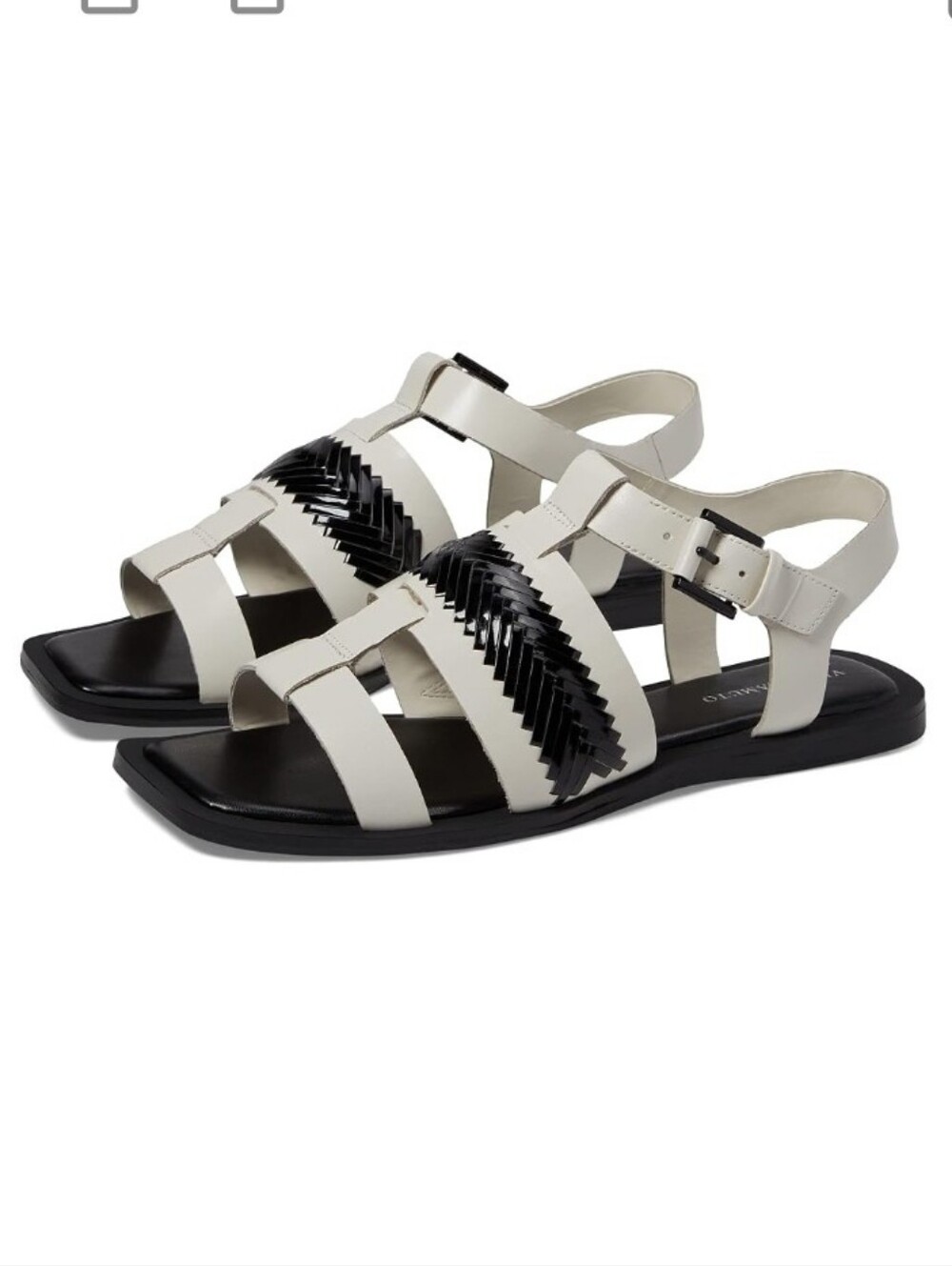 Vince Camuto Black and Cream Braided-Strap Flat Sandals